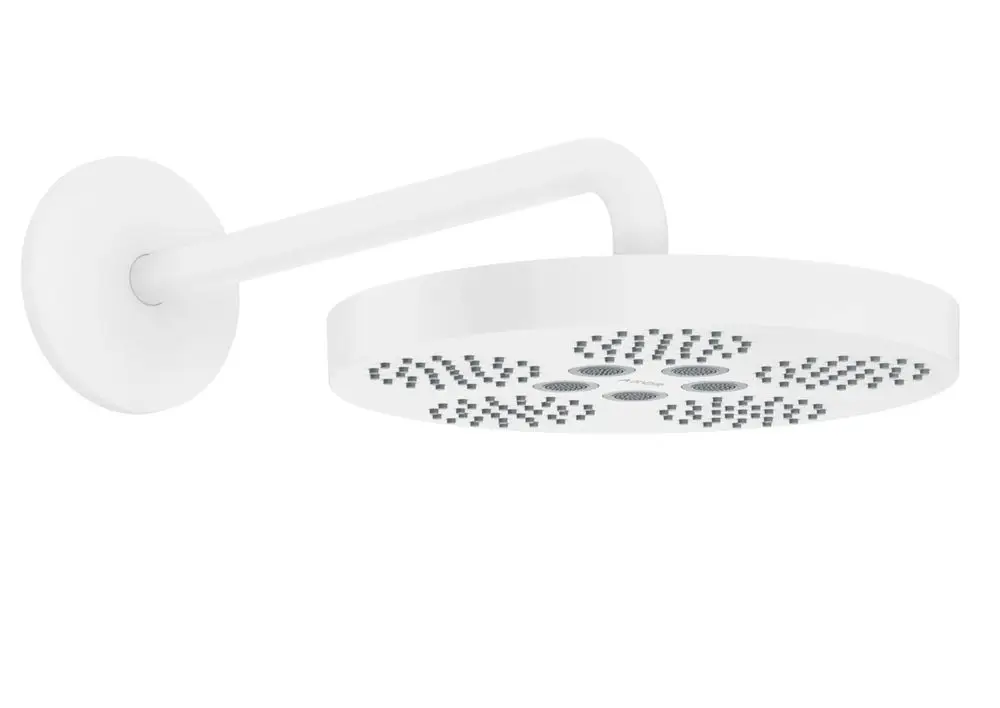 Weißer Duschkopf mit wabenförmigen Düsen, montiert an einem geraden Arm. Produkt von AXOR, minimalistisches Design, geeignet für Wandinstallation.